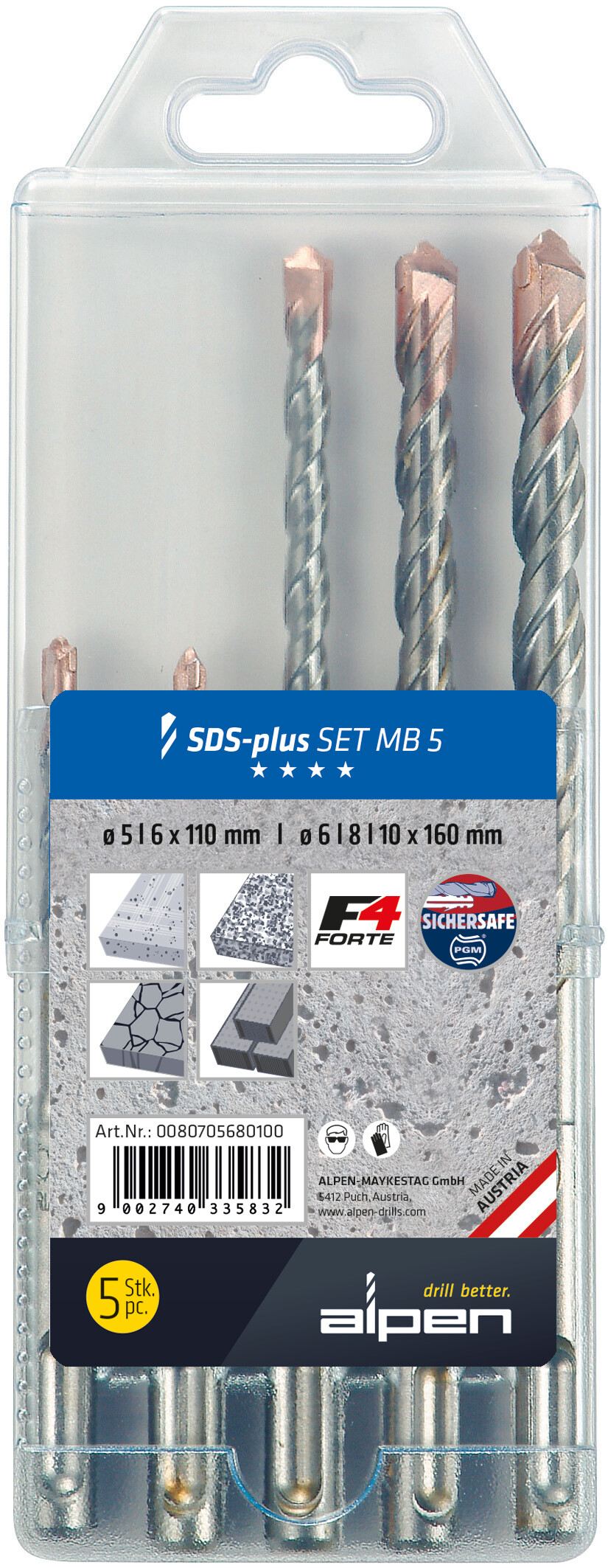 „F4“, SDS-plus Hammerbohrer, 2 Schneiden, L2=250 - SET