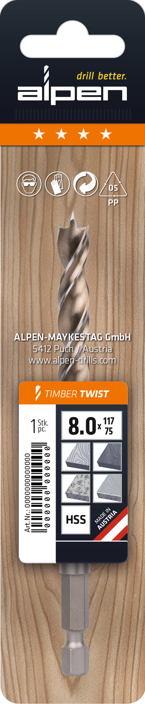 HSS Maschinen-
Holzspiralbohrer
mit 1/4˝-Sechskantschaft