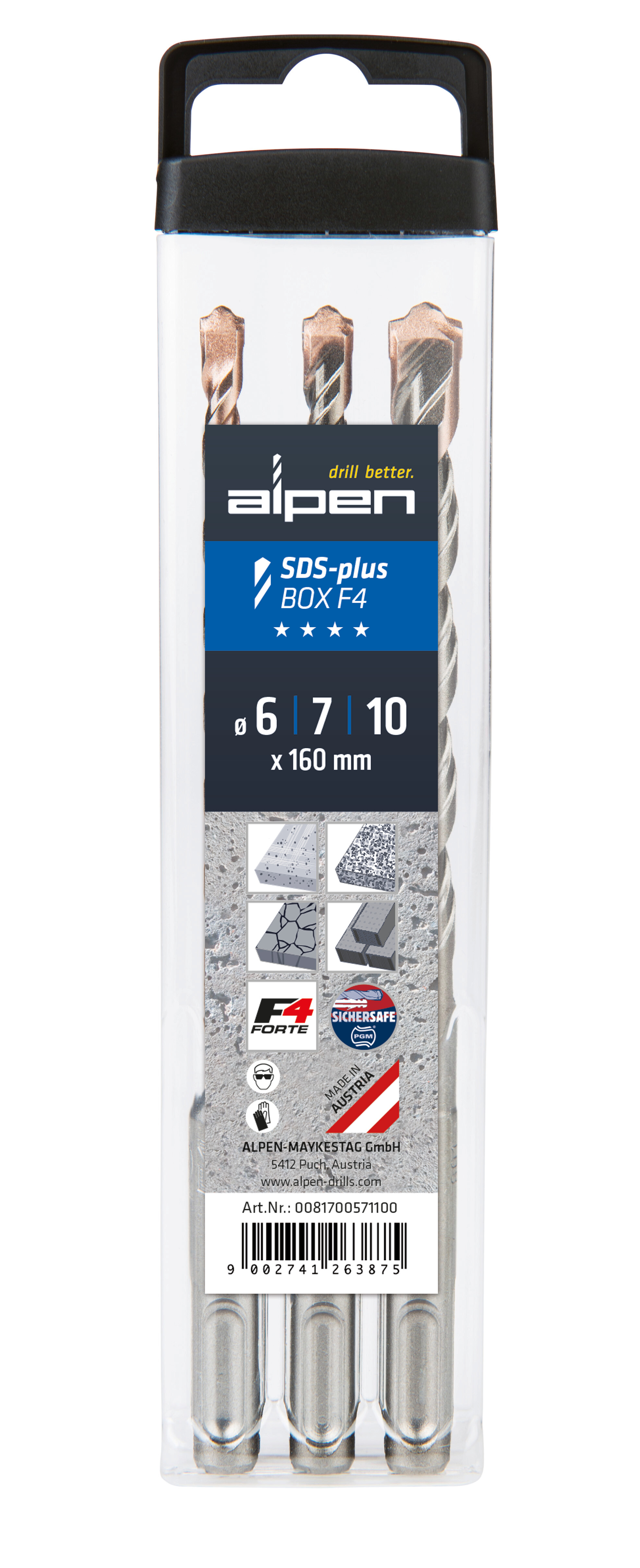 „F4“, SDS-plus Hammerbohrer, 2 Schneiden, L2=250 - SET